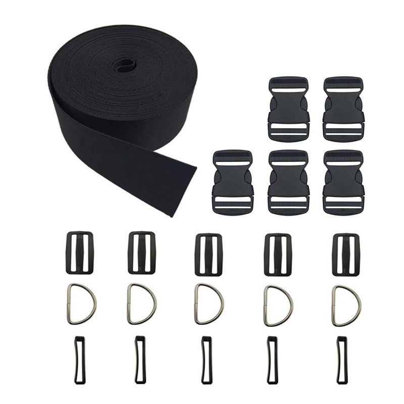 Vtete 2 Inch 5 Yards Black Nylon Heavy Webbing Strap + 5 PCS 2" Flat Side Release Buckles, D Rings and Tri-Glide Slides - Plastic Buckles Kit for DIY Pet Collar, Luggage Straps and Backpack Repairin - Image 1